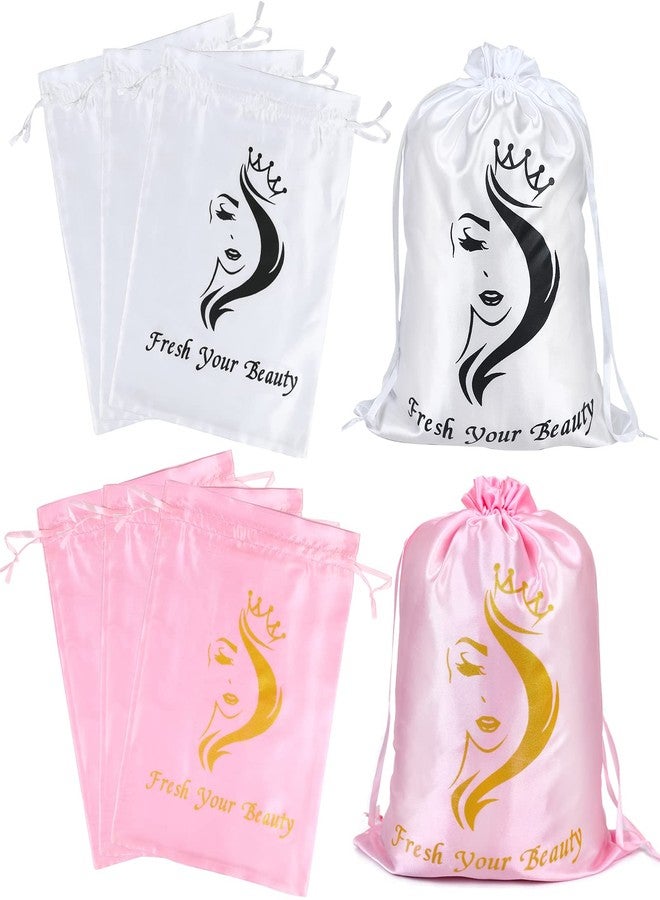 AliLeader 6 Pcs Silk/Satin Wig Storage Bags, Drawstring Travel Bag for Bundles,Wigs,Hair Extensions,Gift(White, Pink) - Image 1